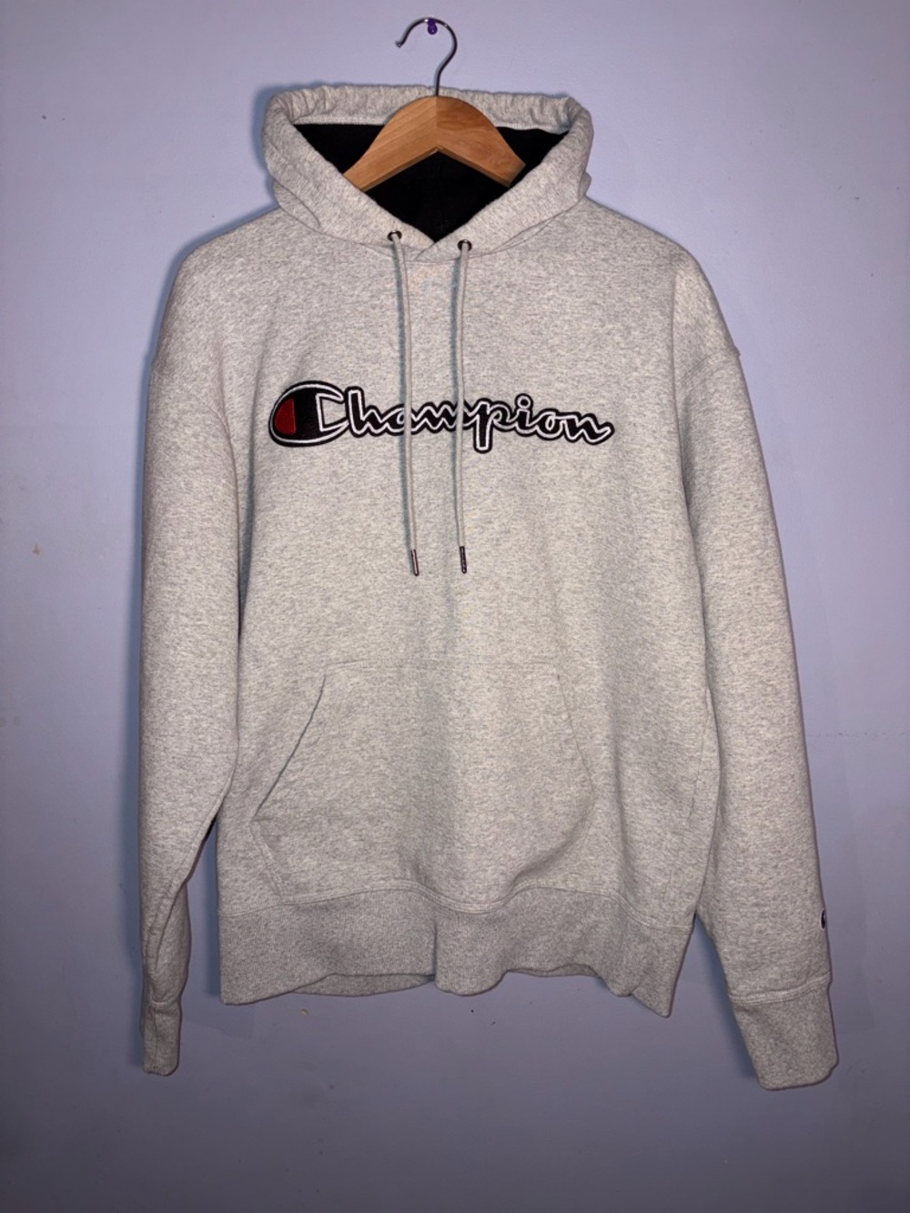 Champion Light Heather Gray Pullover Hoodie with Script Logo
